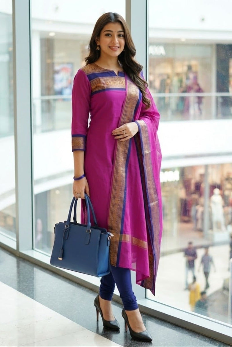 Satin Cotton / Silk Woven Border Kurti Top &amp; Dupatta 2-Piece Suit | Ready to Wear
