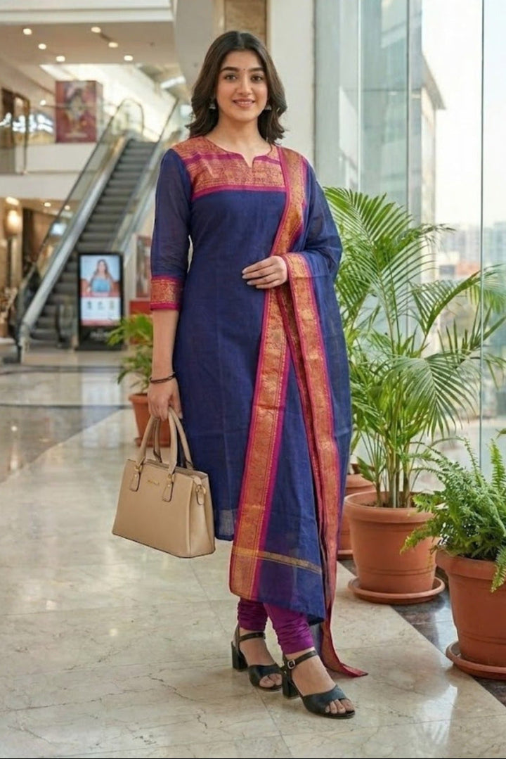 Satin Cotton / Silk Woven Border Kurti Top &amp; Dupatta 2-Piece Suit | Ready to Wear