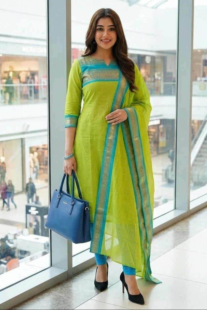 Satin Cotton / Silk Woven Border Kurti Top &amp; Dupatta 2-Piece Suit | Ready to Wear