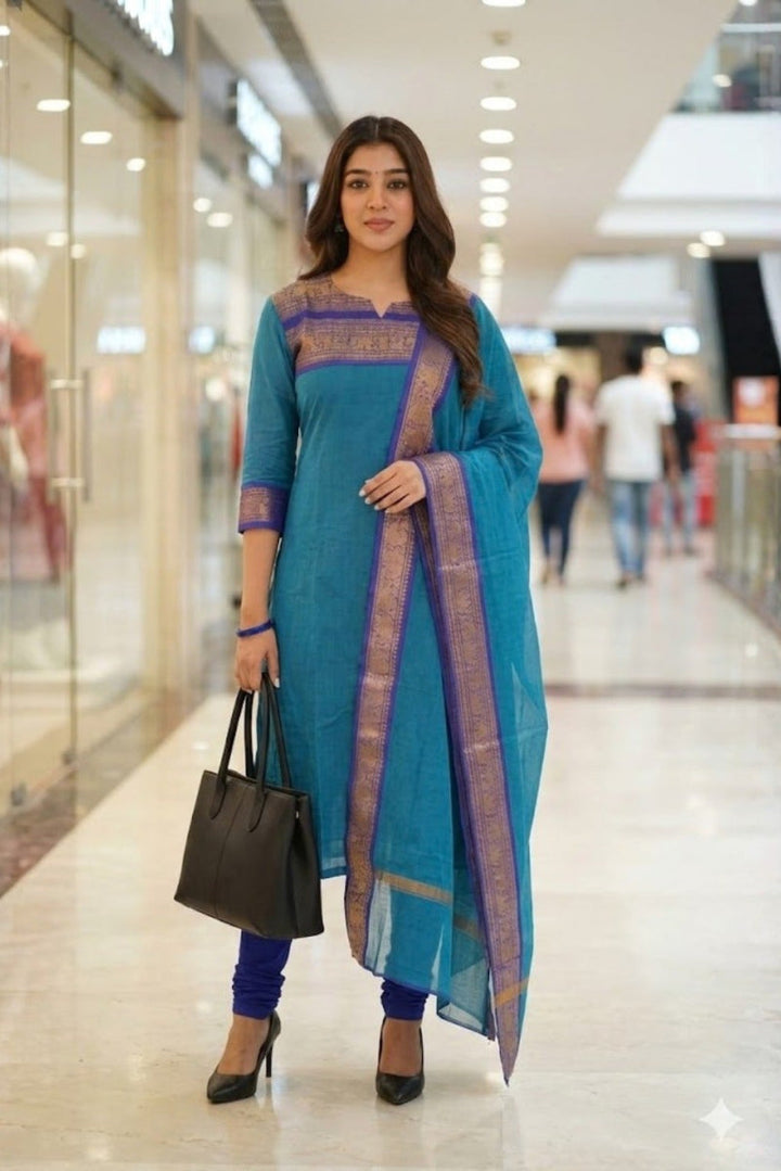 Satin Cotton / Silk Woven Border Kurti Top &amp; Dupatta 2-Piece Suit | Ready to Wear