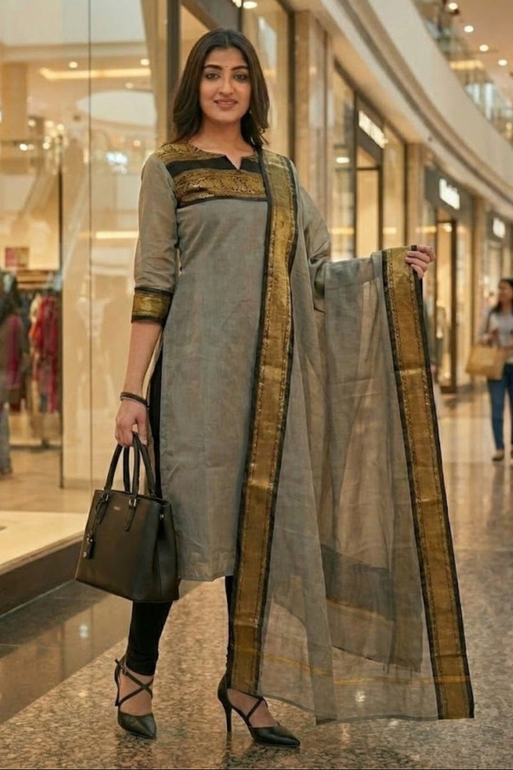 Satin Cotton / Silk Woven Border Kurti Top &amp; Dupatta 2-Piece Suit | Ready to Wear