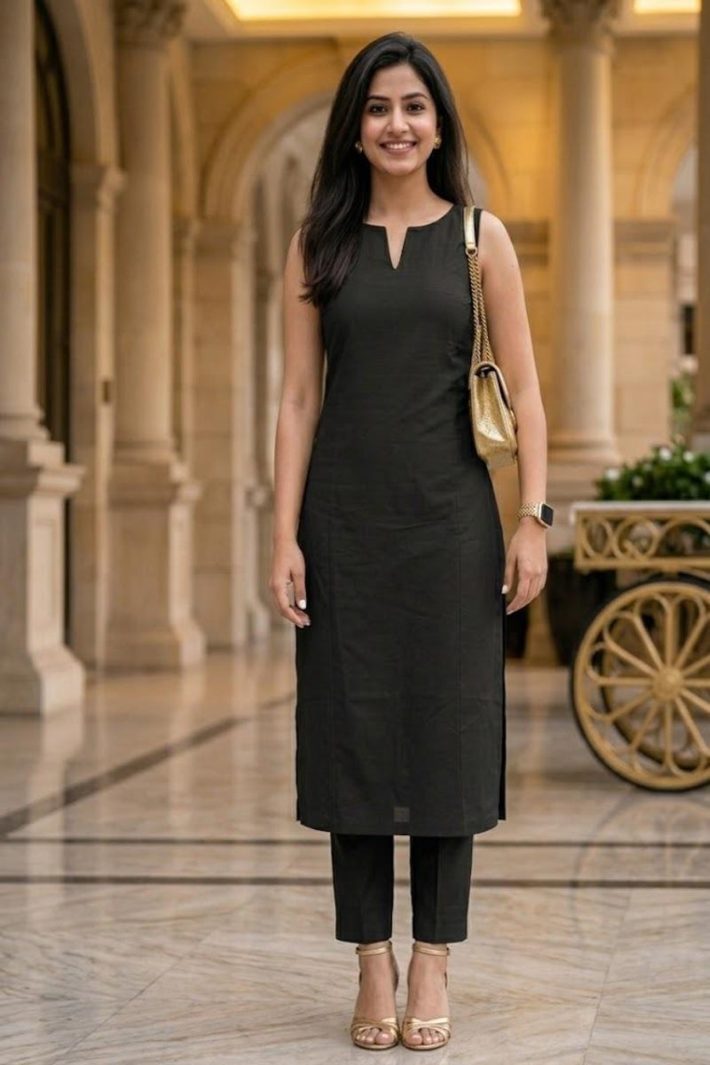 Solid Sleeveless V-Neck Kurti &amp; Trouser 2-Piece Co-Ord Set | Ready to Wear
