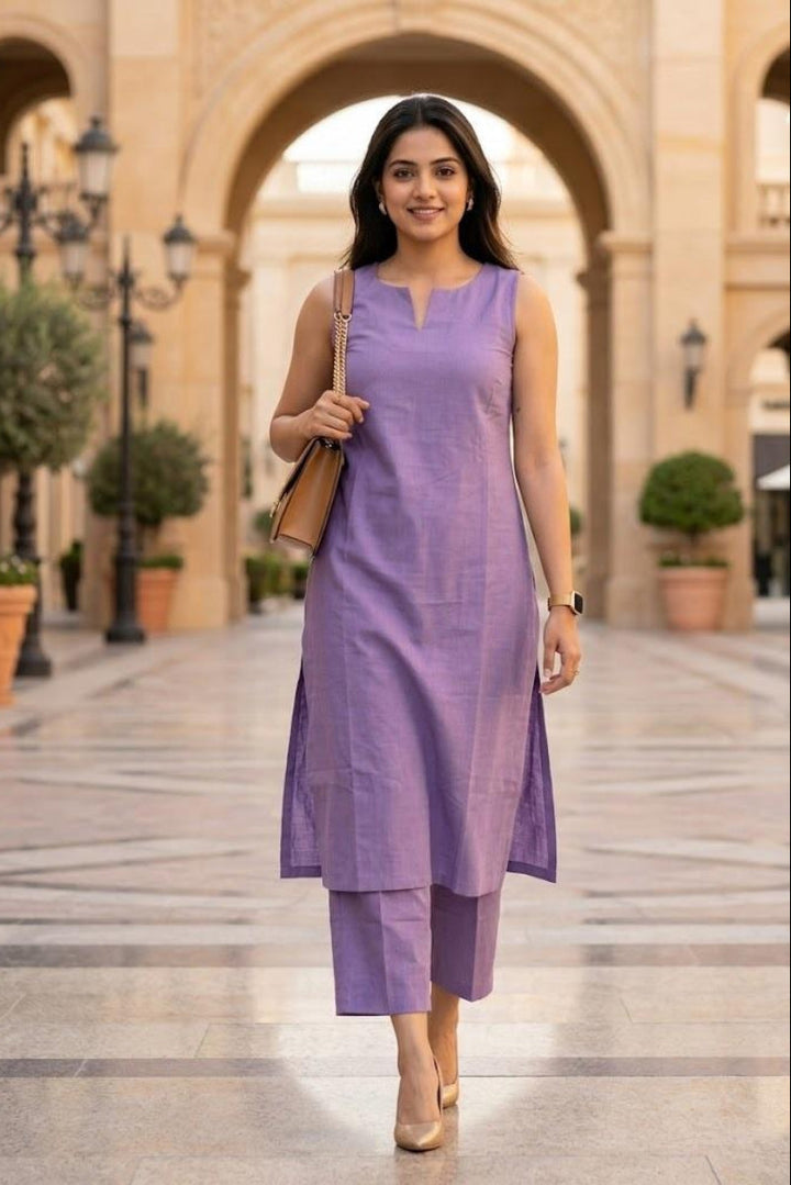 Solid Sleeveless V-Neck Kurti &amp; Trouser 2-Piece Co-Ord Set | Ready to Wear