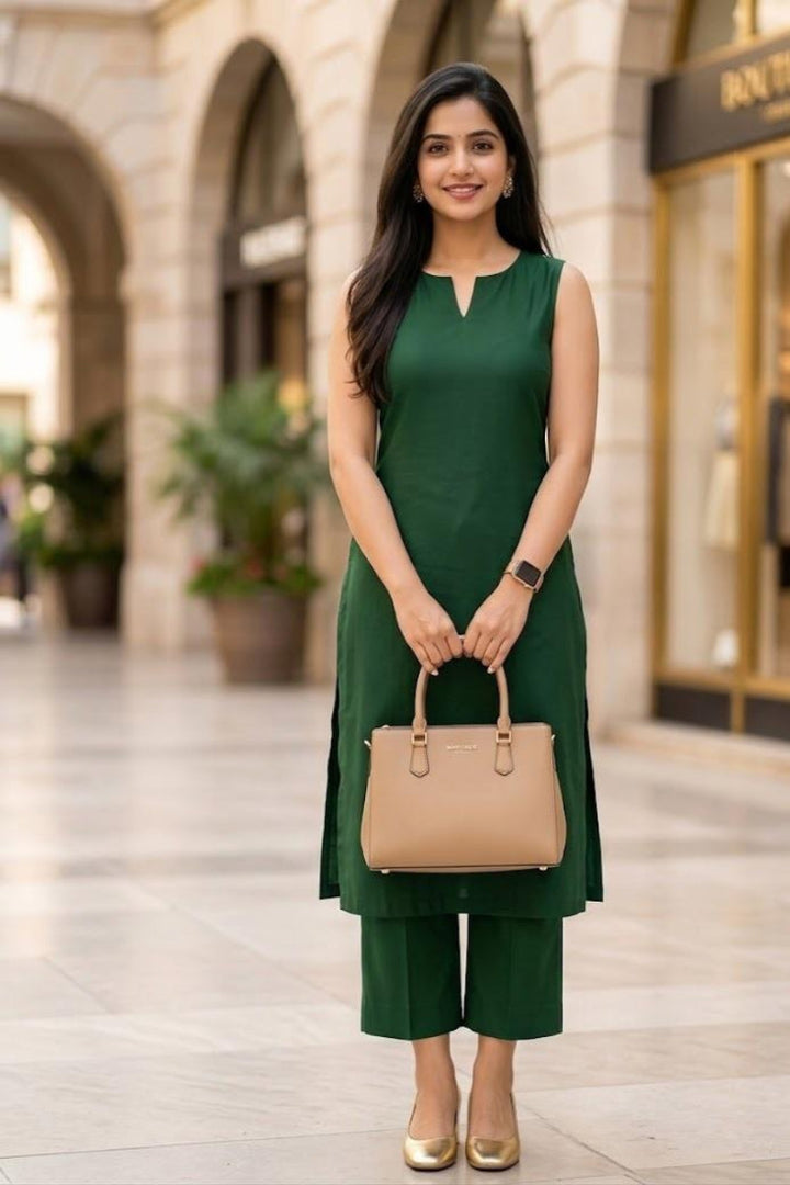 Solid Sleeveless V-Neck Kurti &amp; Trouser 2-Piece Co-Ord Set | Ready to Wear
