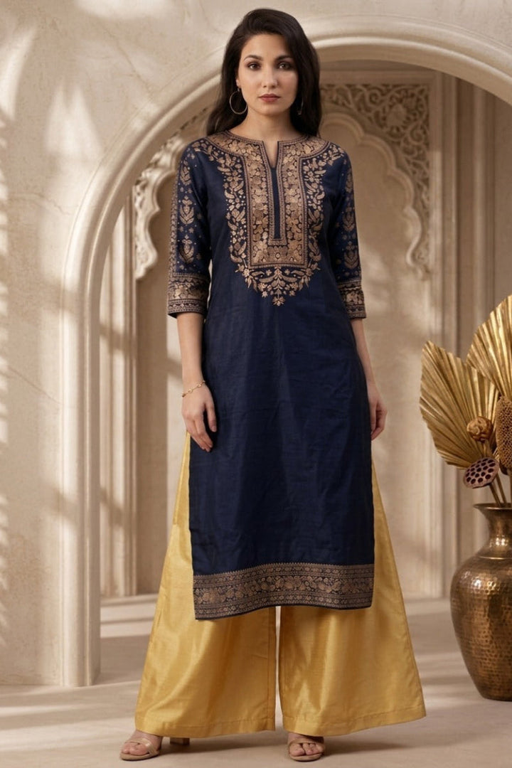 Flowy Rayon Embroidered A-Line Kurti &amp; Palazzo 2-Piece Set | Ready to Wear