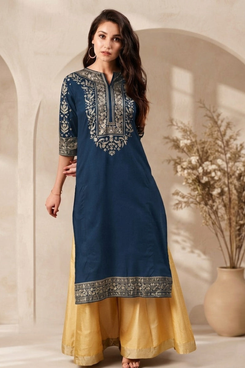 Flowy Rayon Embroidered A-Line Kurti &amp; Palazzo 2-Piece Set | Ready to Wear