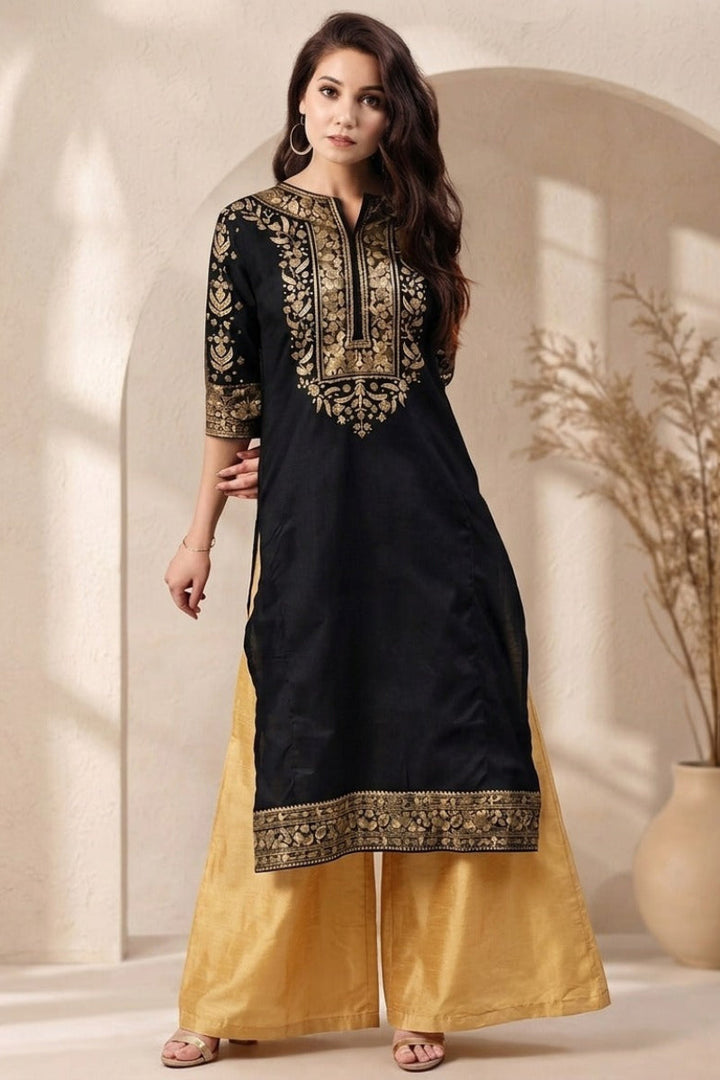 Flowy Rayon Embroidered A-Line Kurti &amp; Palazzo 2-Piece Set | Ready to Wear
