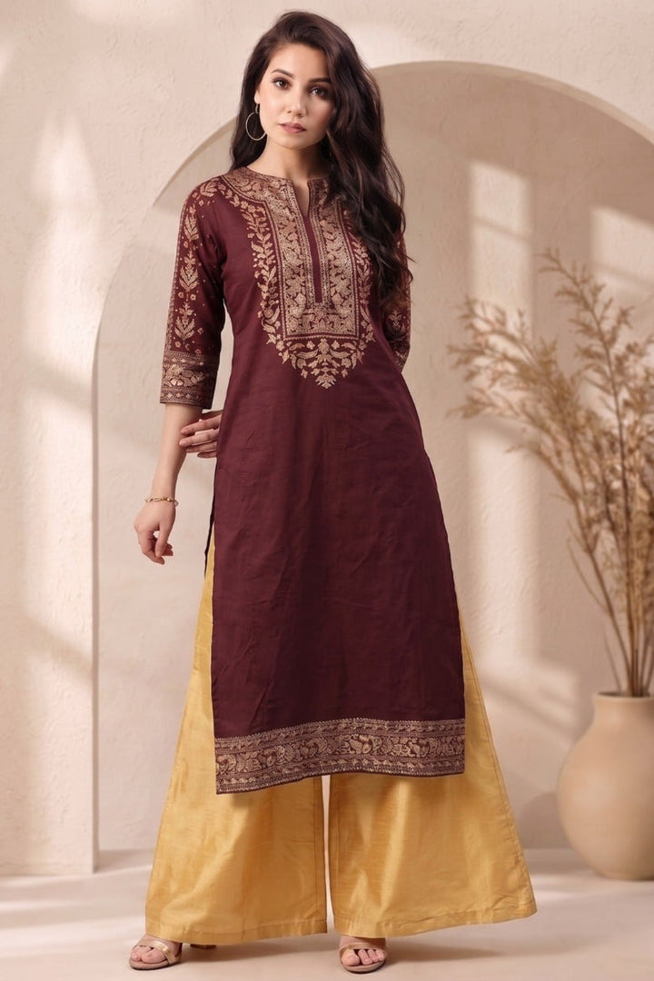 Flowy Rayon Embroidered A-Line Kurti &amp; Palazzo 2-Piece Set | Ready to Wear