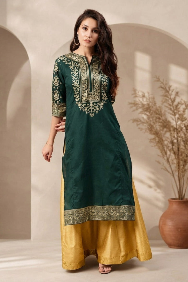 Flowy Rayon Embroidered A-Line Kurti &amp; Palazzo 2-Piece Set | Ready to Wear