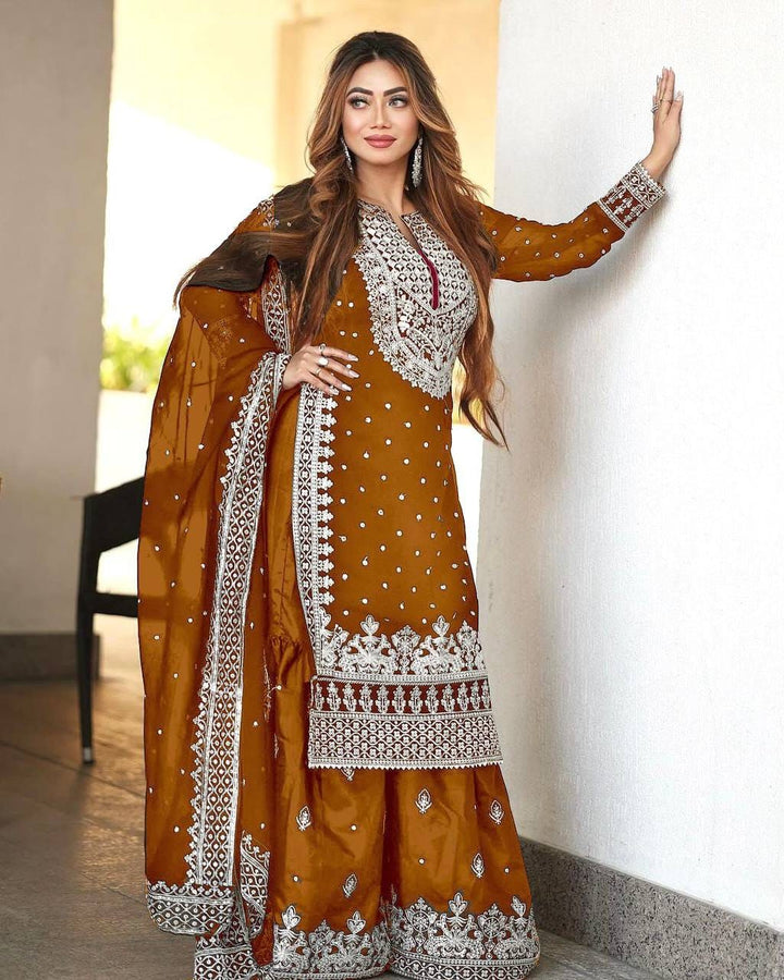 Heavy Embroidery Sequence Work Top-Gharara And Dupatta Set