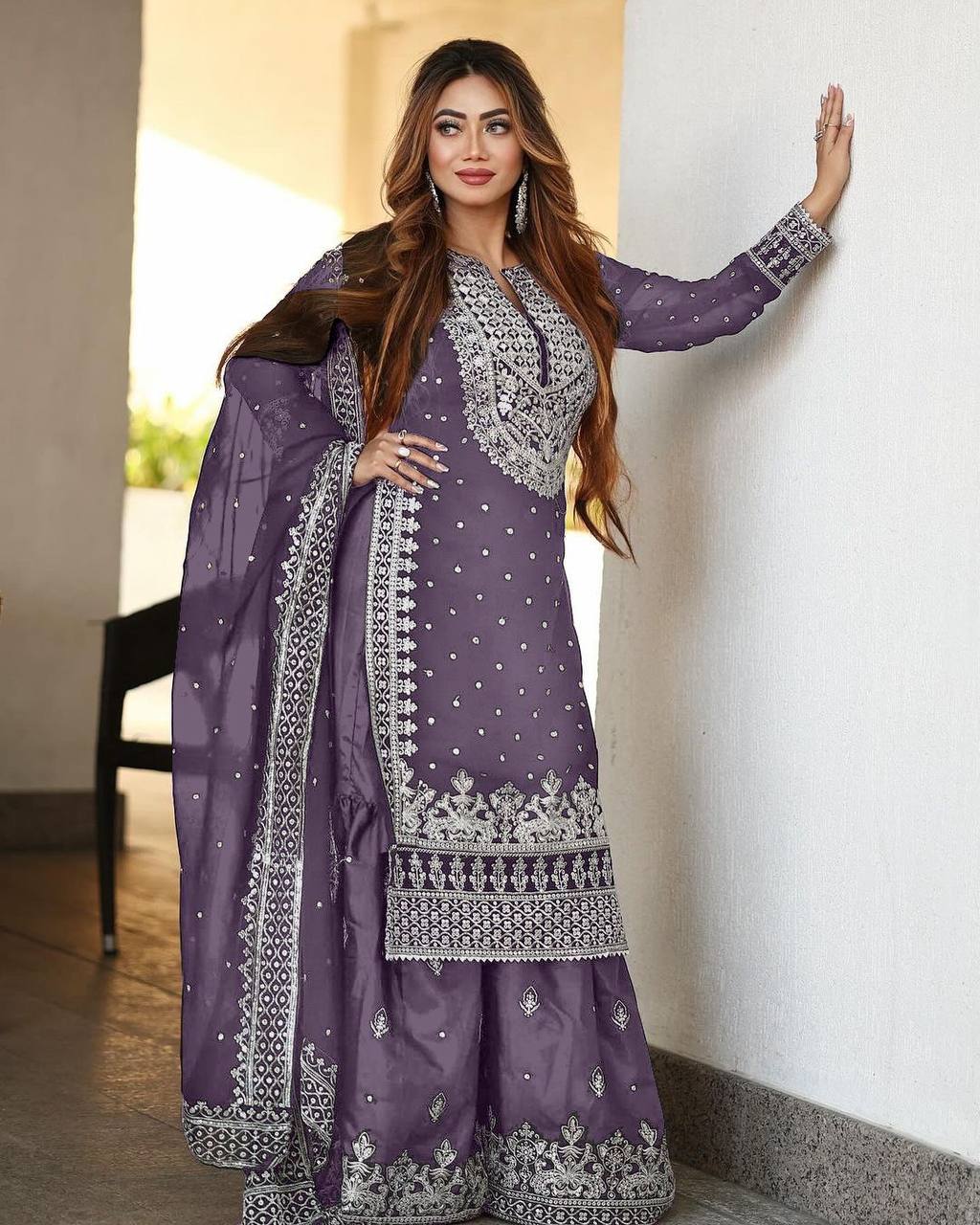 Heavy Embroidery Sequence Work Top-Gharara And Dupatta Set