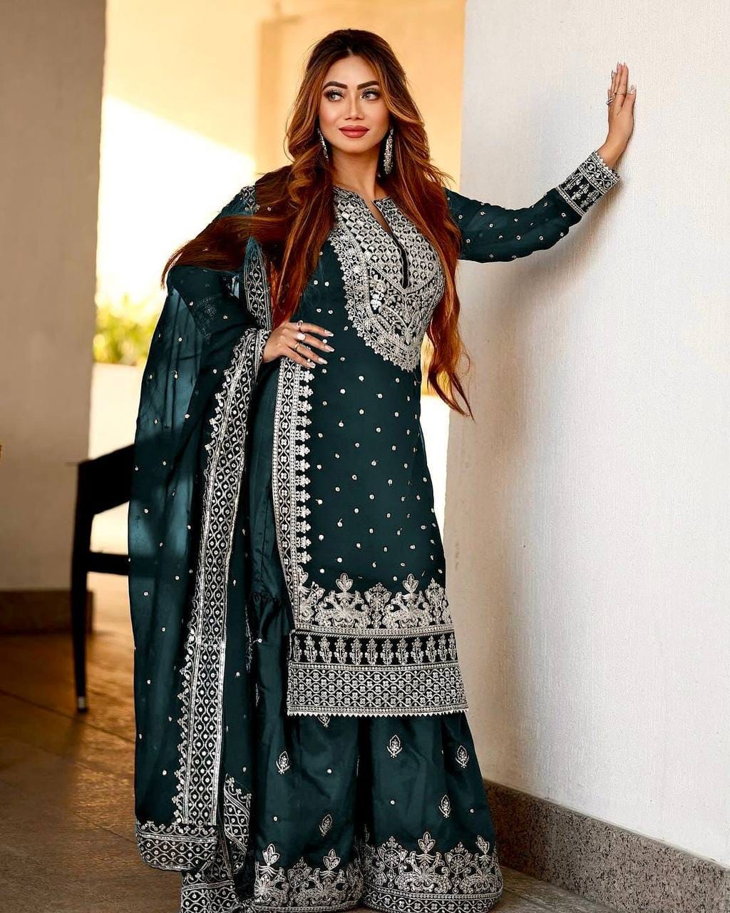 Heavy Embroidery Sequence Work Top-Gharara And Dupatta Set