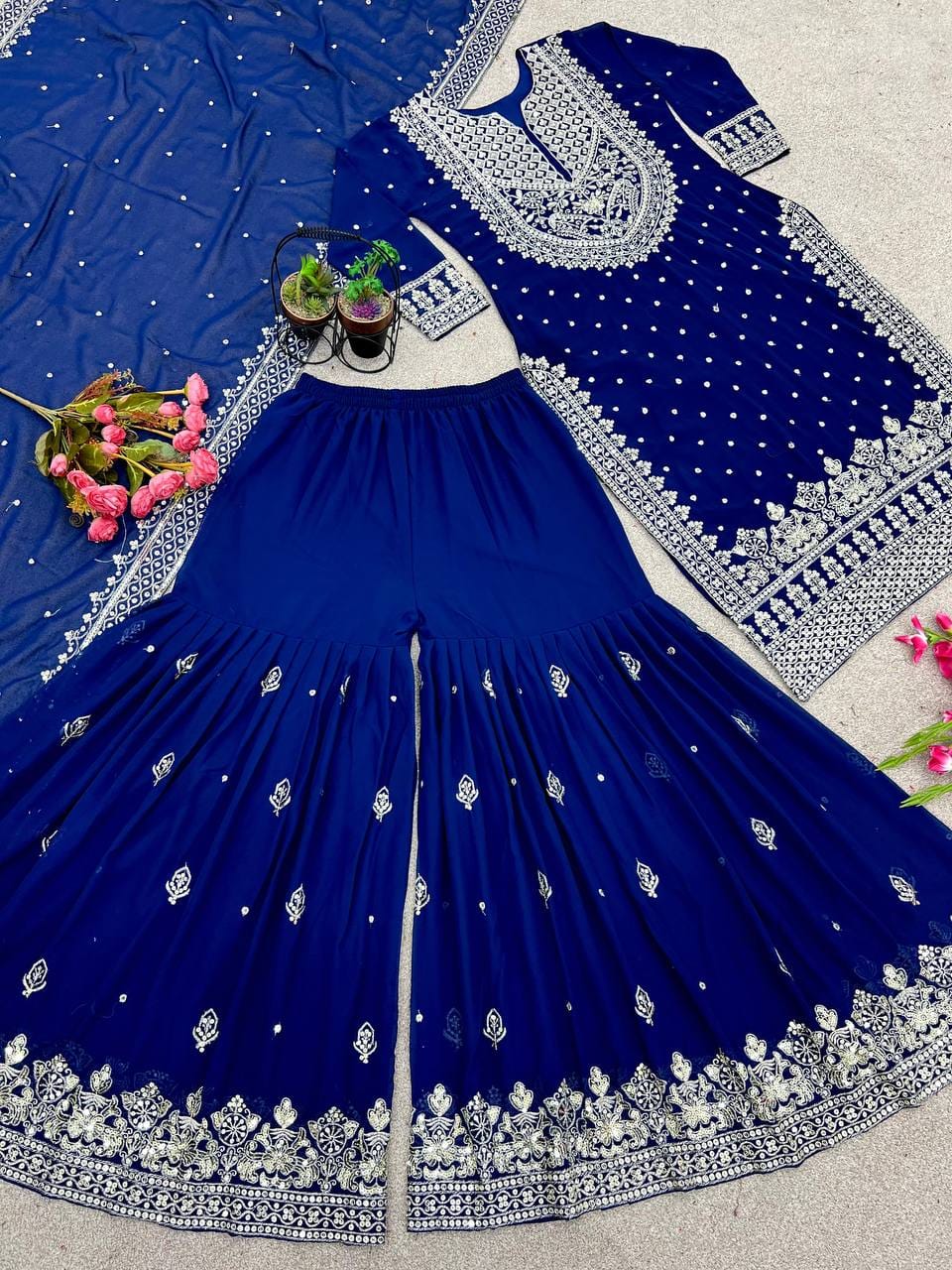 Heavy Embroidery Sequence Work Top-Gharara And Dupatta Set