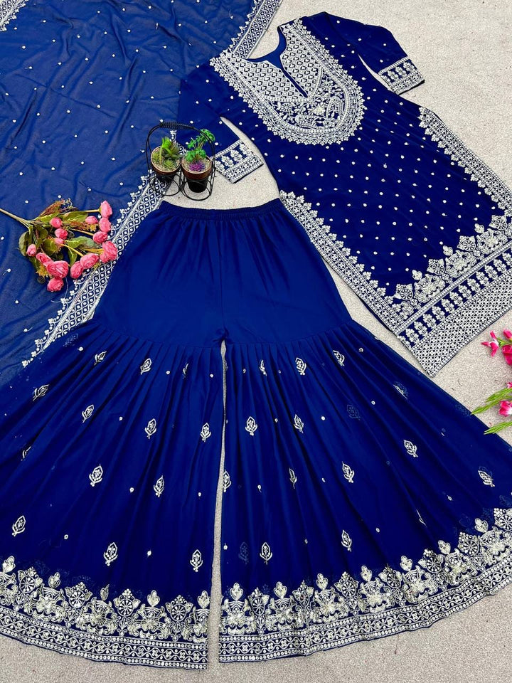 Heavy Embroidery Sequence Work Top-Gharara And Dupatta Set