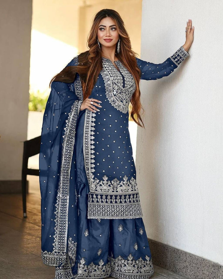 Heavy Embroidery Sequence Work Top-Gharara And Dupatta Set
