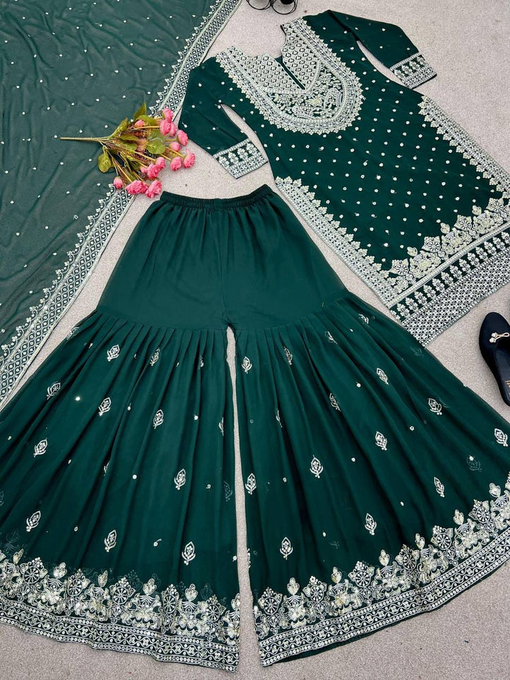 Heavy Embroidery Sequence Work Top-Gharara And Dupatta Set