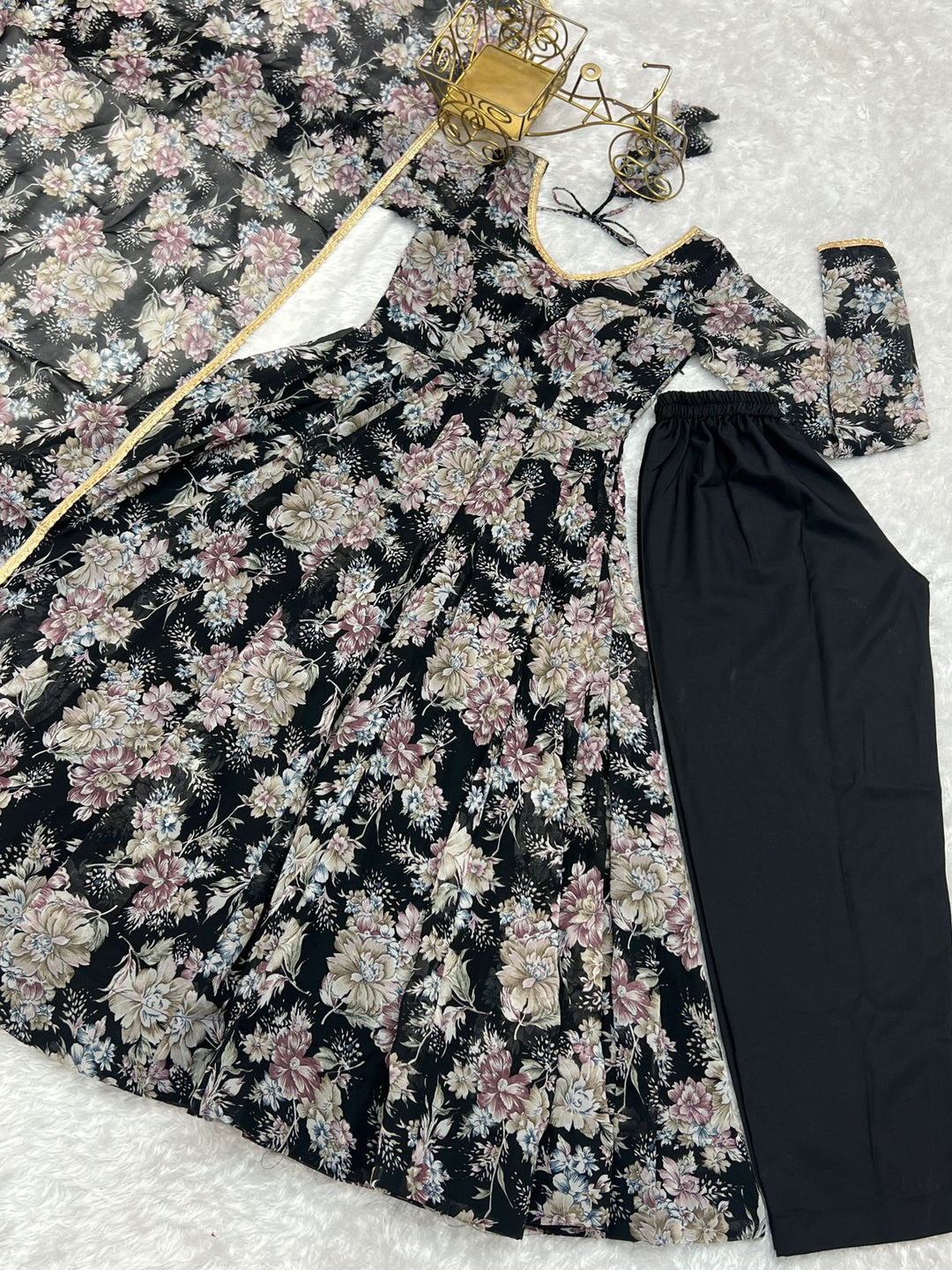 Pure Fox Georgette Multi Floral Anarkali Flair With Dupatta Set & Pent