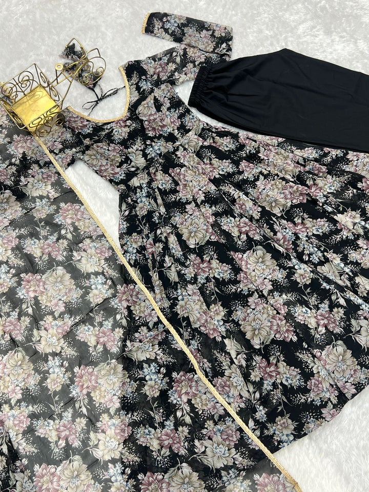 Pure Fox Georgette Multi Floral Anarkali Flair With Dupatta Set & Pent
