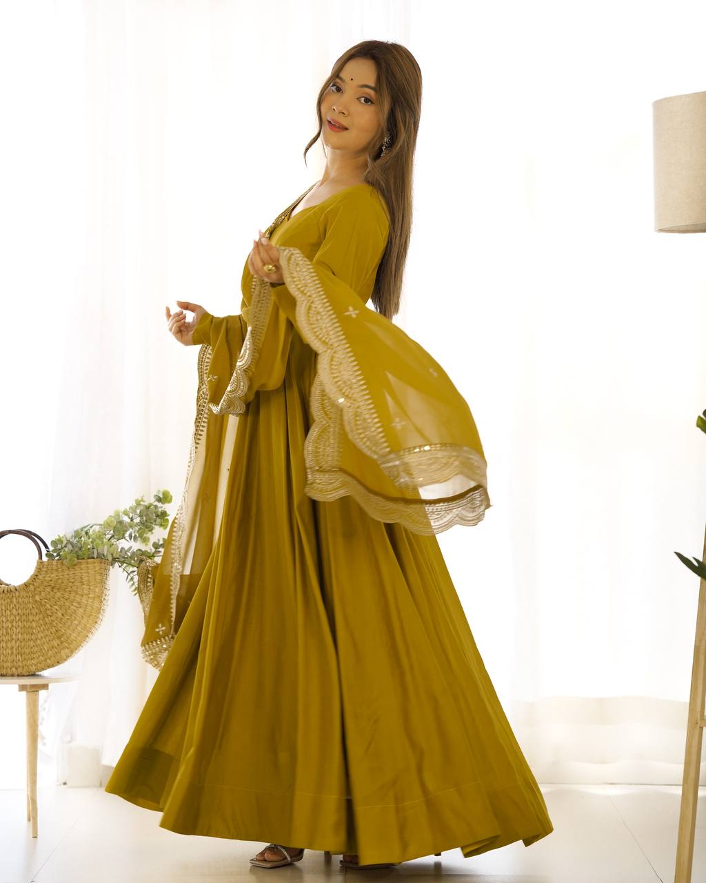 Pure Romansilk Chanderi Anarkali Gown with Dupatta Set and Pant