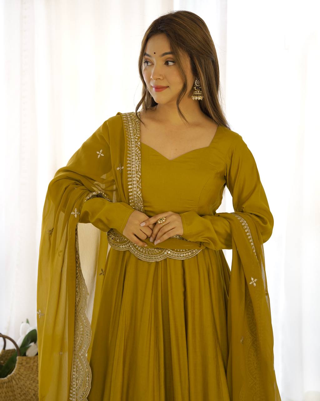 Pure Romansilk Chanderi Anarkali Gown with Dupatta Set and Pant