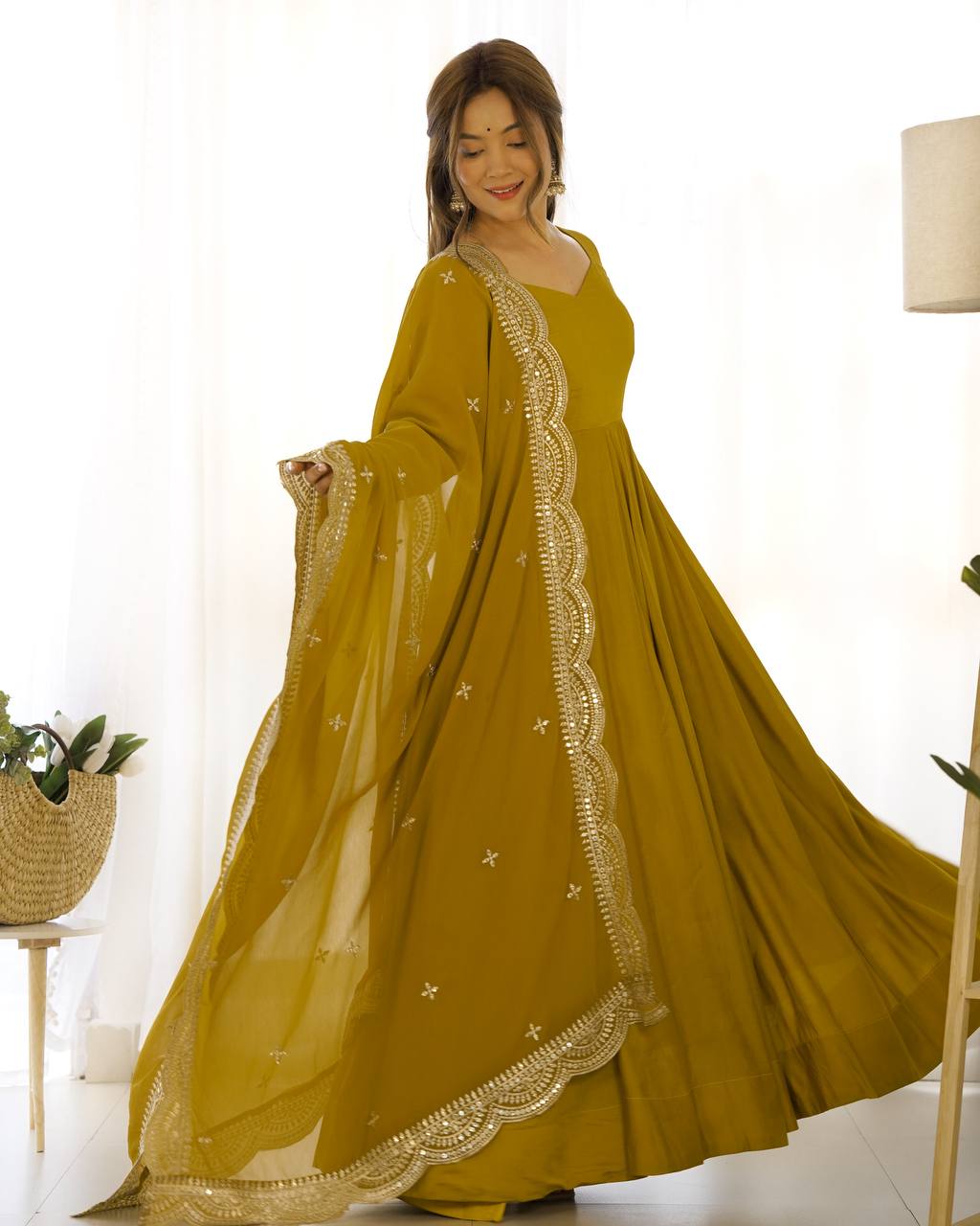 Pure Romansilk Chanderi Anarkali Gown with Dupatta Set and Pant