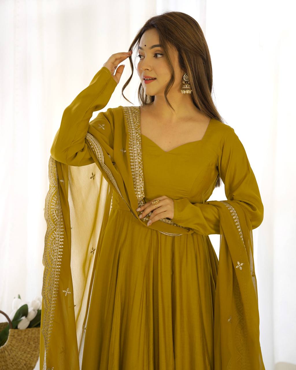 Pure Romansilk Chanderi Anarkali Gown with Dupatta Set and Pant