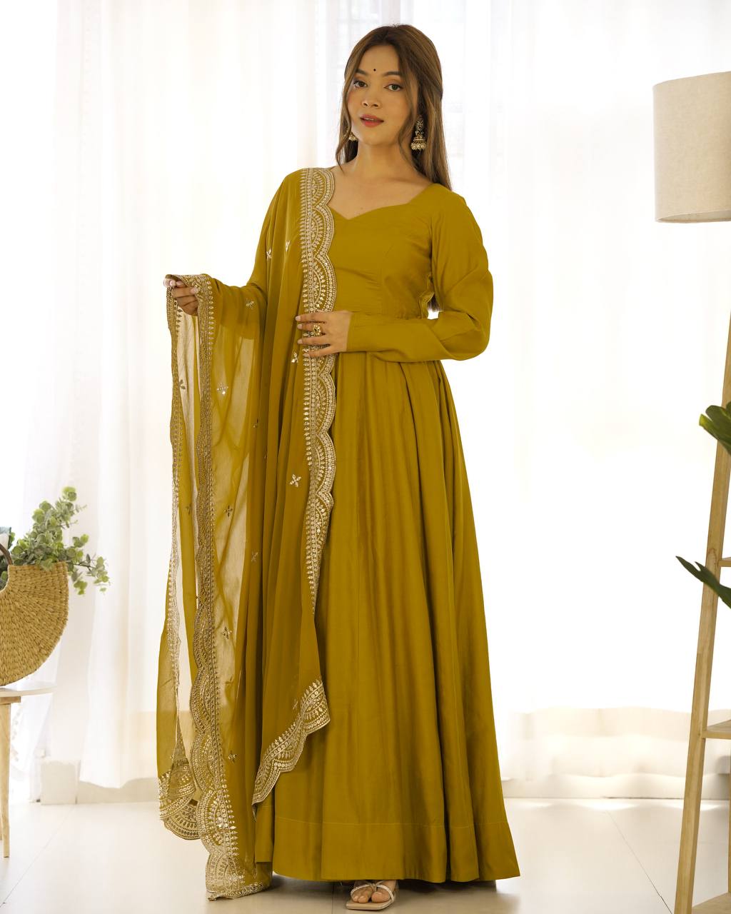 Pure Romansilk Chanderi Anarkali Gown with Dupatta Set and Pant