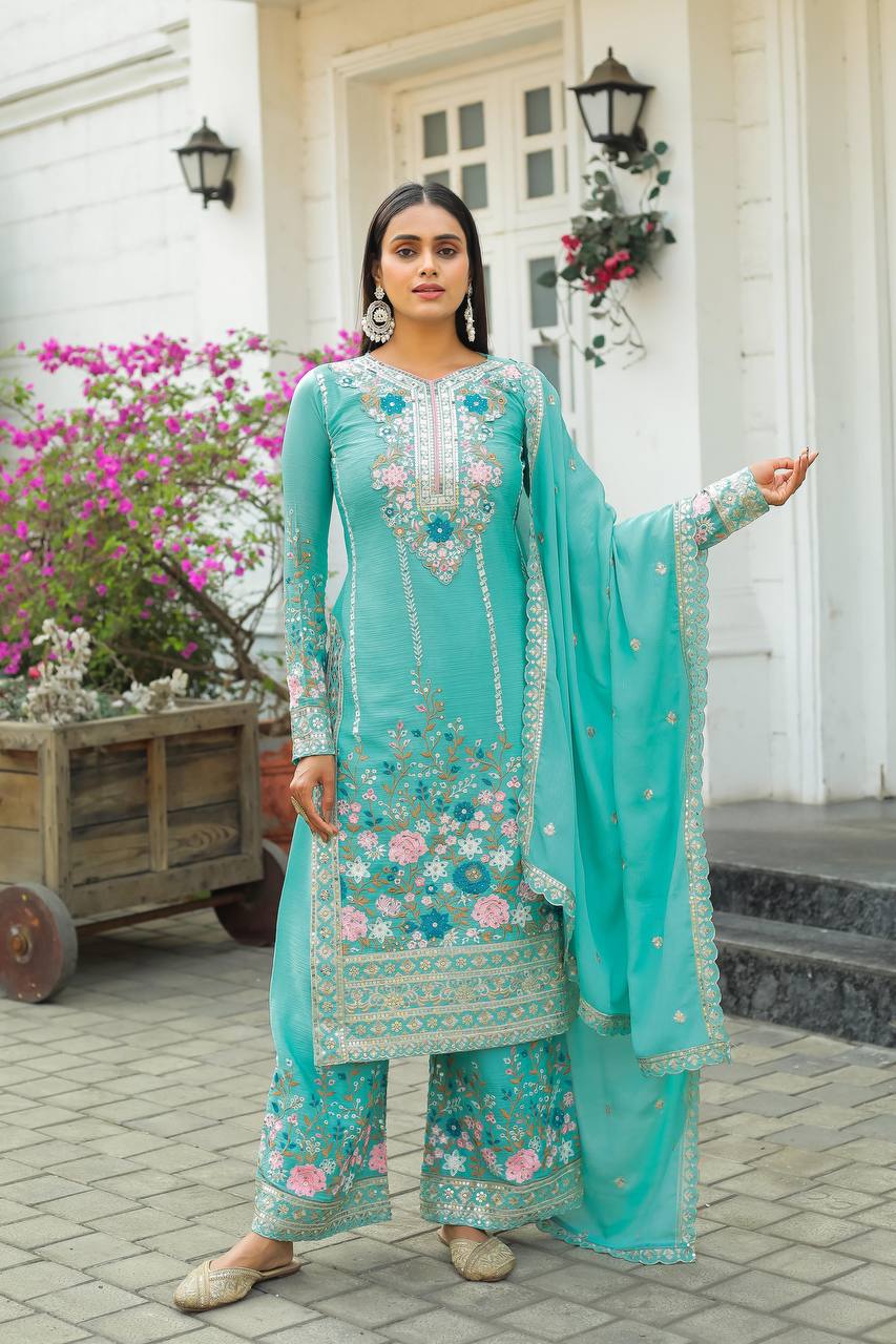 Stylish 3-Piece Gown Set with Dupatta and Bottom