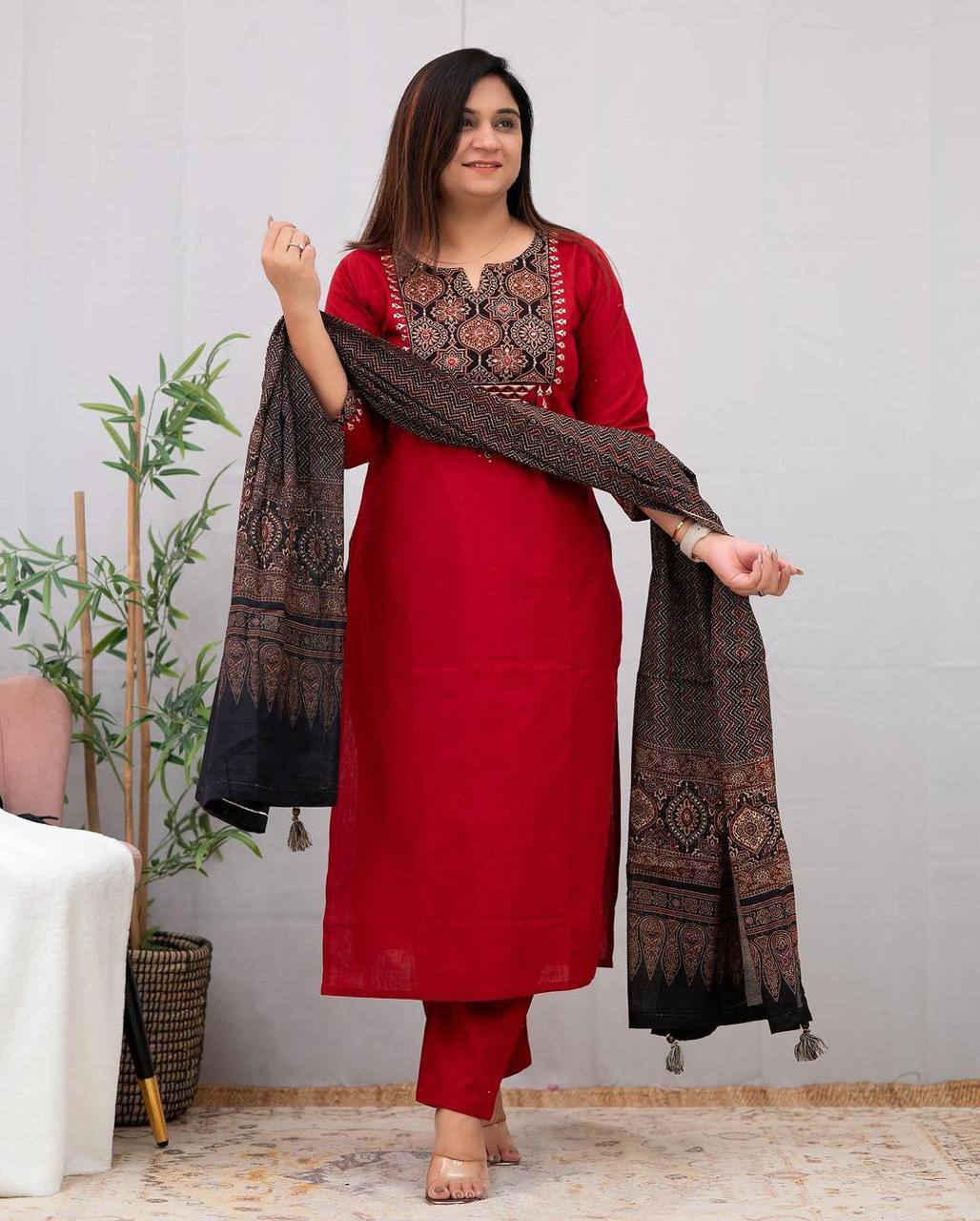 Rayon fabric with hand-block print Kurti With Dupatta Set & Plazzo