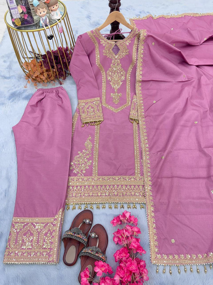 Heavy Chinon Silk with Embroidery Work Suit