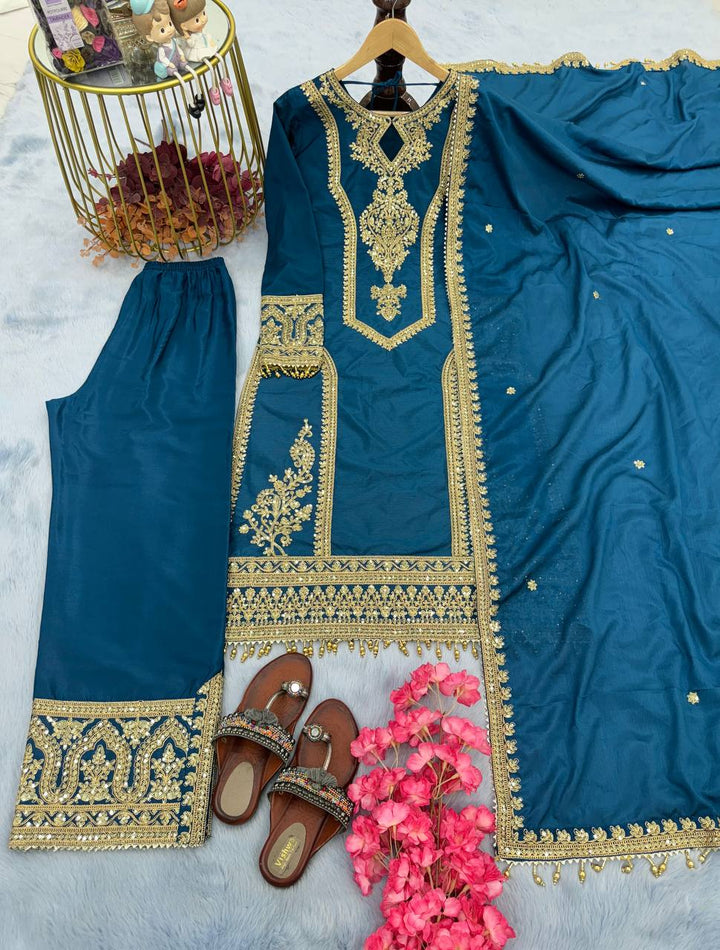 Heavy Chinon Silk with Embroidery Work Suit