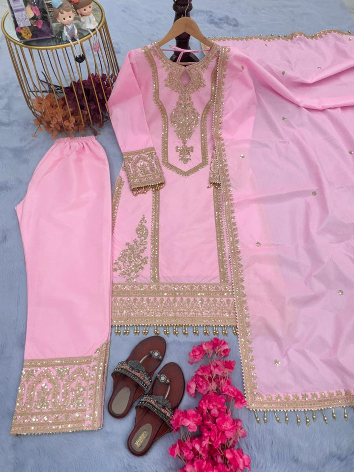 Heavy Chinon Silk with Embroidery Work Suit