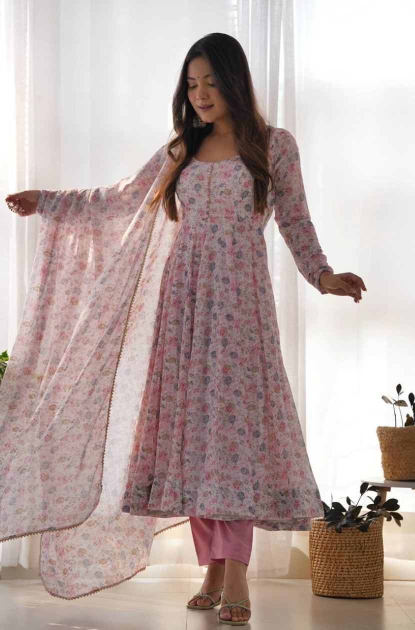 Organza Chiffon Floral Printed Gown With Dupatta Set
