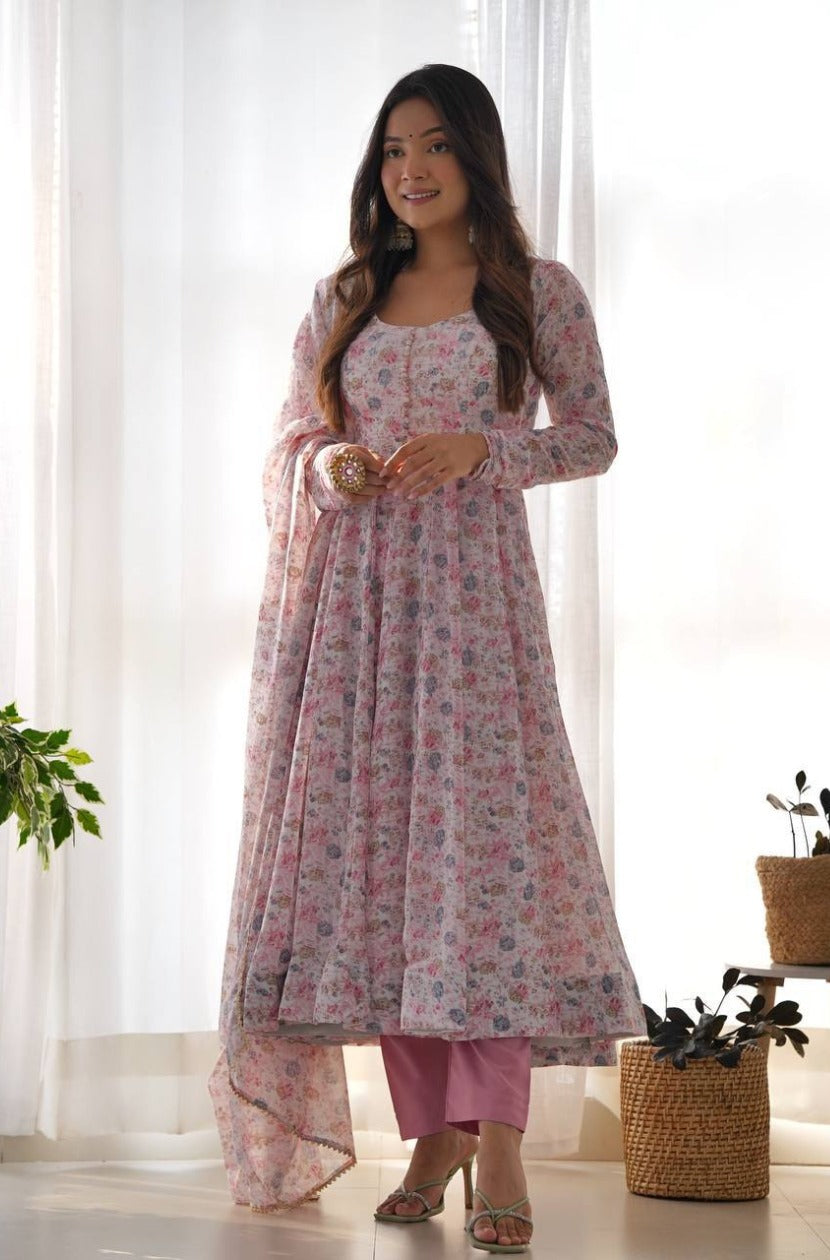 Organza Chiffon Floral Printed Gown With Dupatta Set