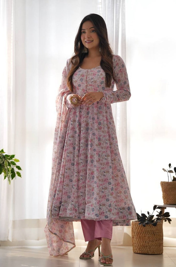 Organza Chiffon Floral Printed Gown With Dupatta Set