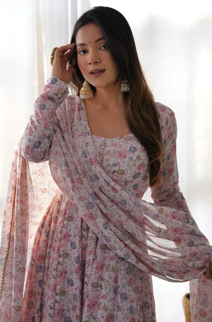 Organza Chiffon Floral Printed Gown With Dupatta Set