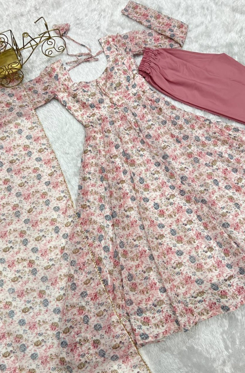 Organza Chiffon Floral Printed Gown With Dupatta Set