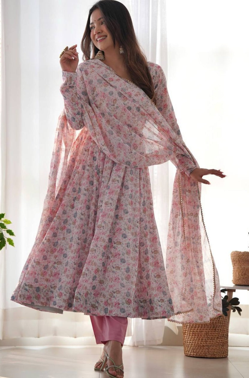 Organza Chiffon Floral Printed Gown With Dupatta Set