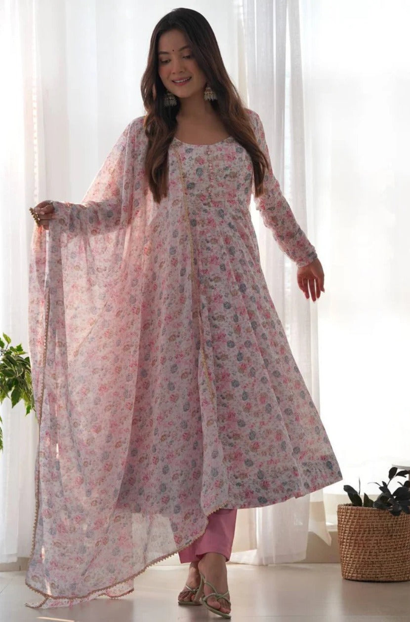 Organza Chiffon Floral Printed Gown With Dupatta Set