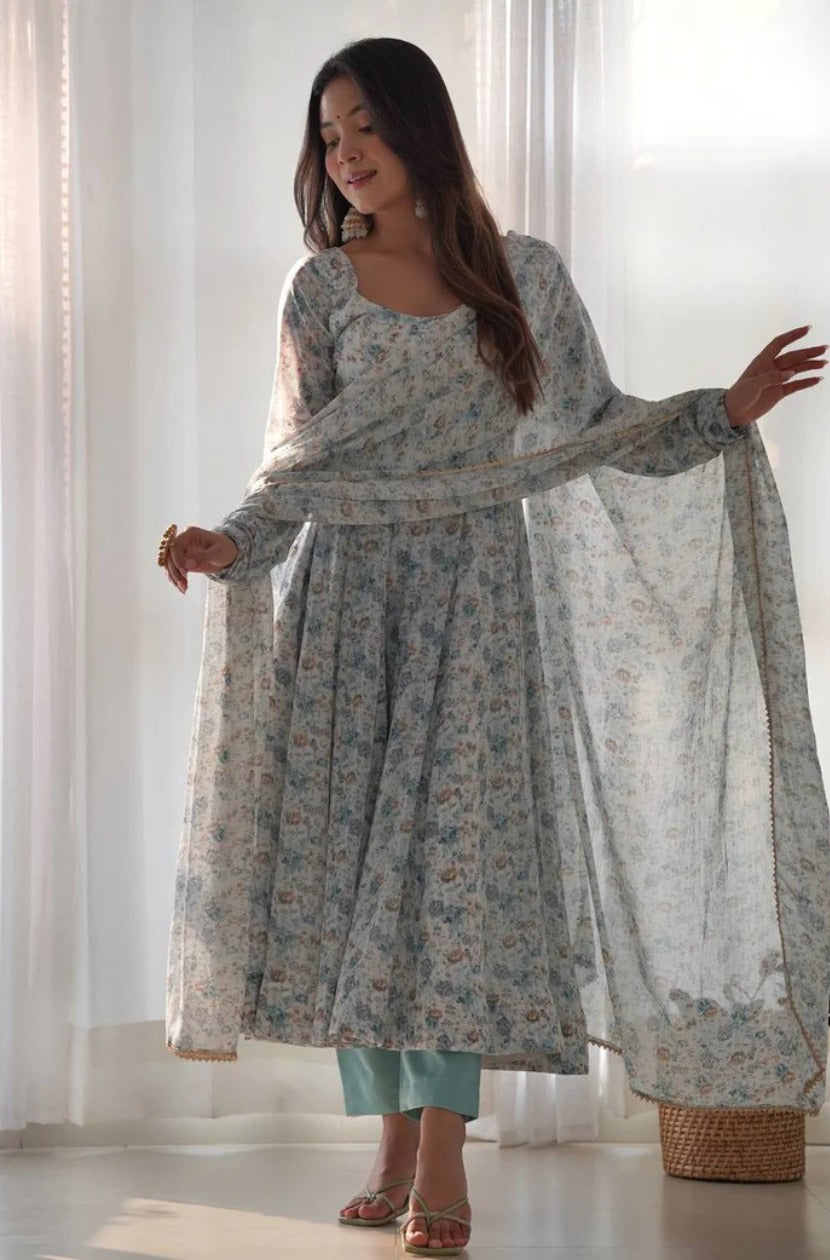 Organza Chiffon Floral Printed Gown With Dupatta Set