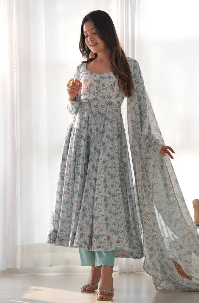 Organza Chiffon Floral Printed Gown With Dupatta Set