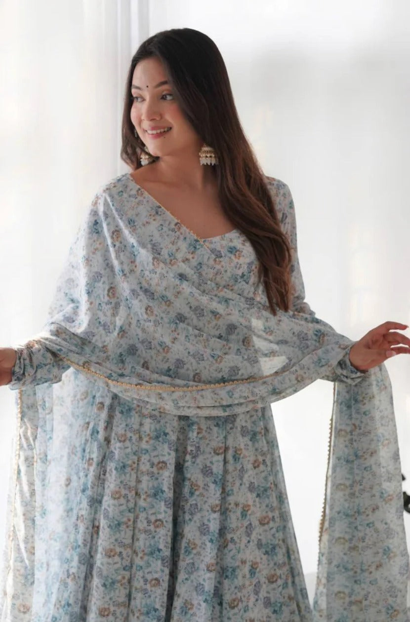 Organza Chiffon Floral Printed Gown With Dupatta Set