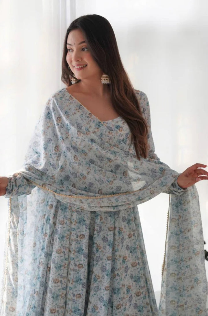Organza Chiffon Floral Printed Gown With Dupatta Set