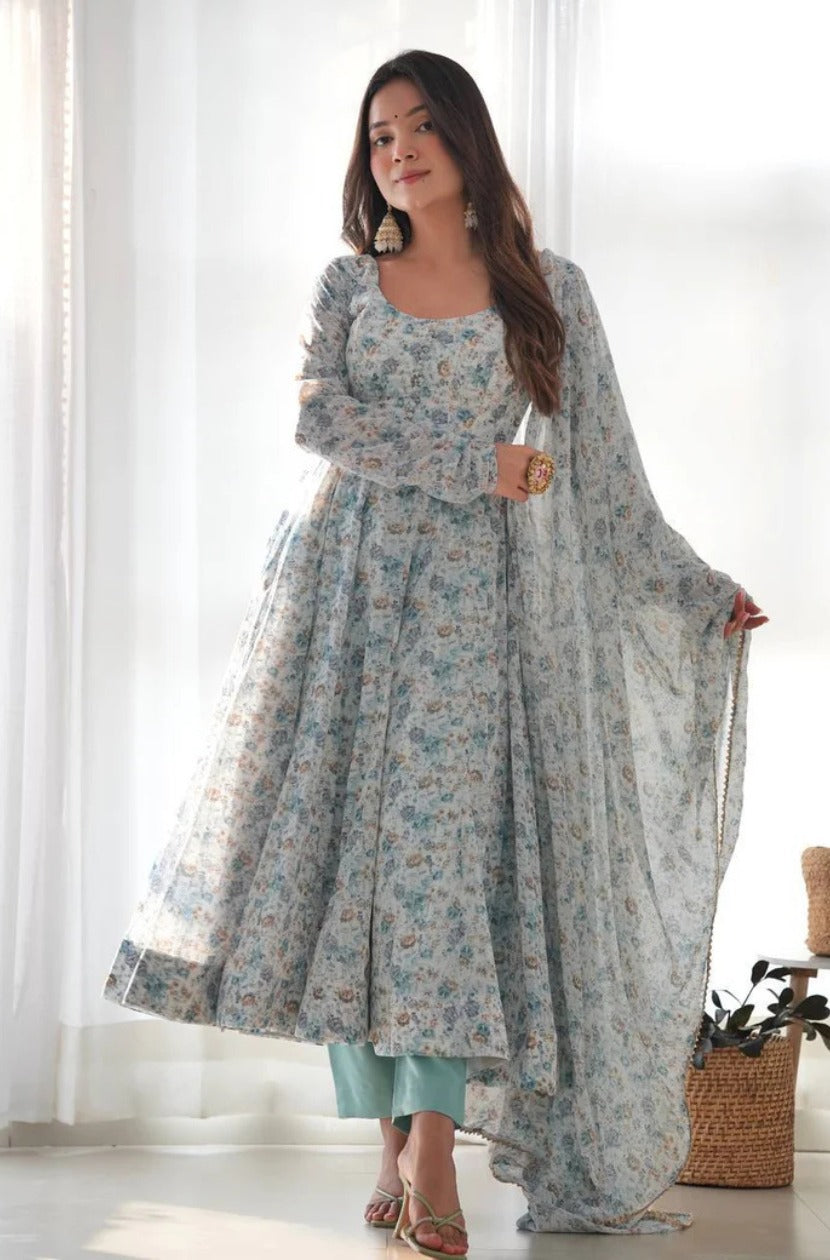 Organza Chiffon Floral Printed Gown With Dupatta Set