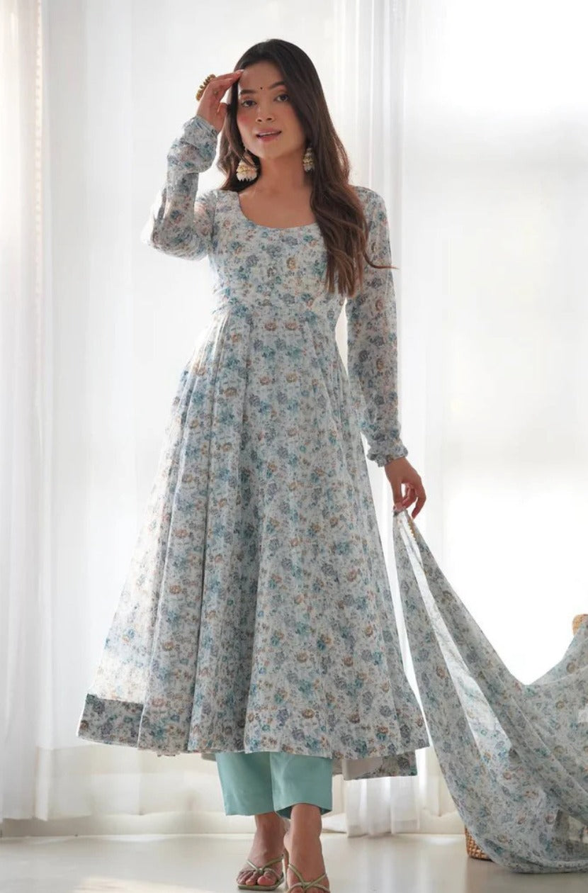 Organza Chiffon Floral Printed Gown With Dupatta Set
