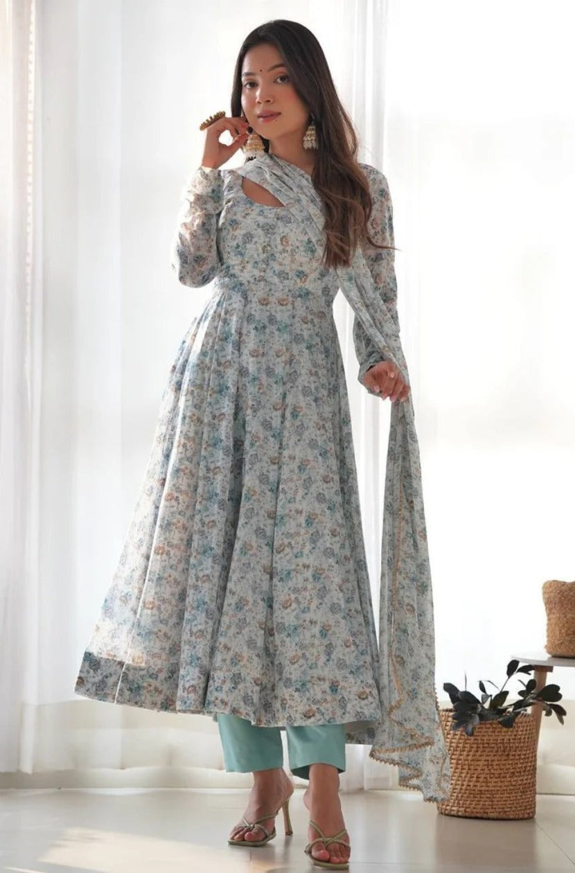 Organza Chiffon Floral Printed Gown With Dupatta Set