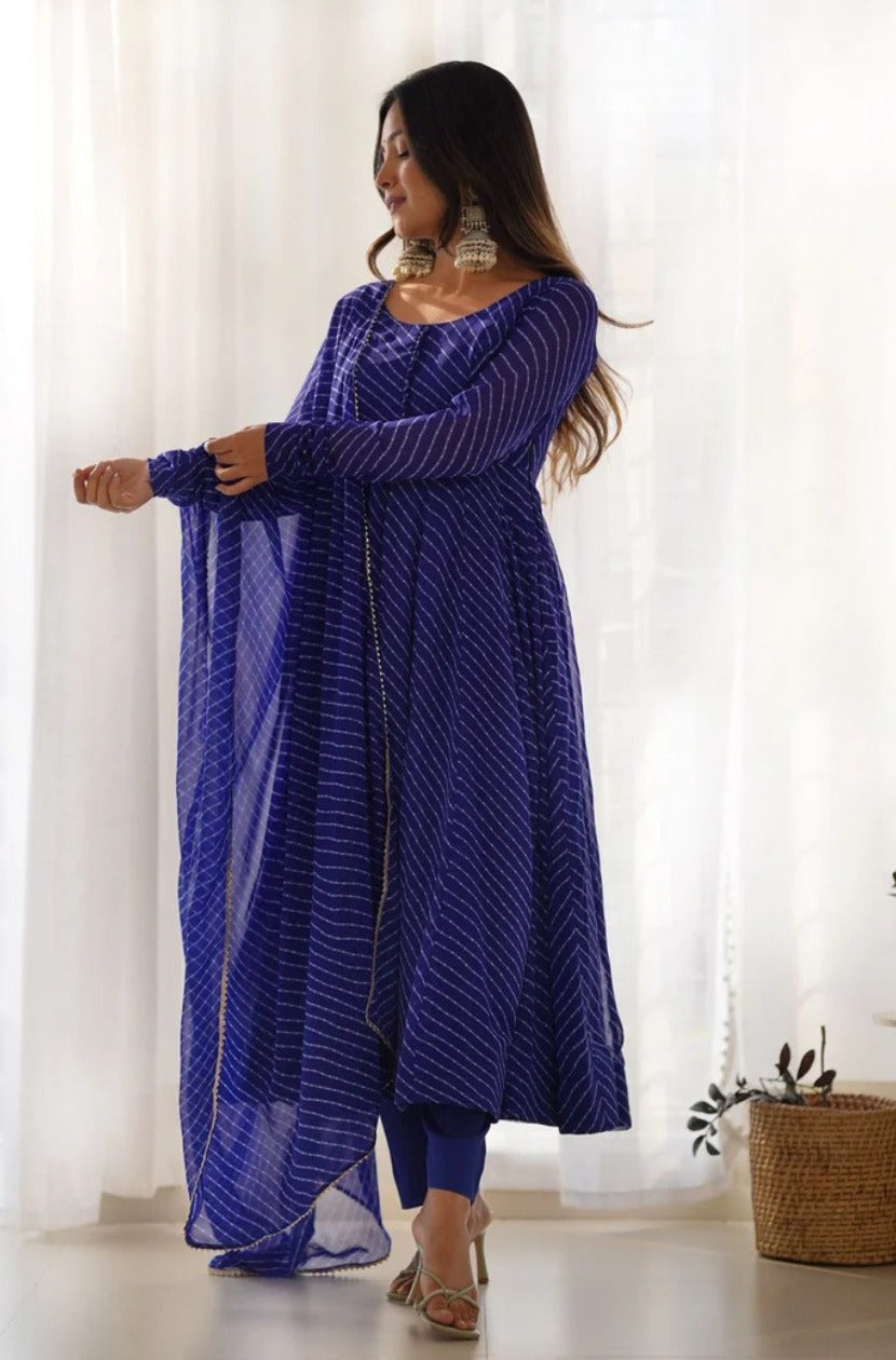 Royal Blue Georgette Printed Anarkali Dress With Pant & Dupatta – Inaaya Store