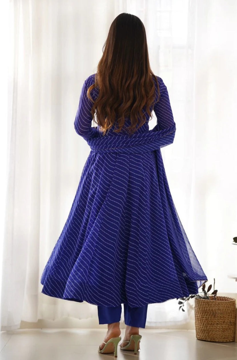 Royal Blue Georgette Printed Anarkali Dress With Pant & Dupatta
