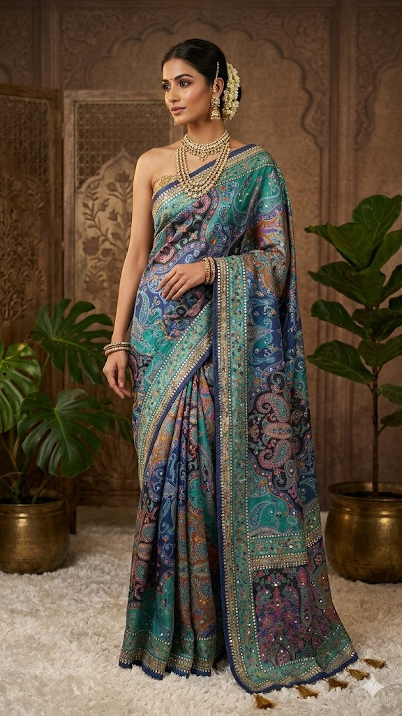 Designer Chinon Silk Digital Printing Saree with Piping Border, Authentic Mirror Work