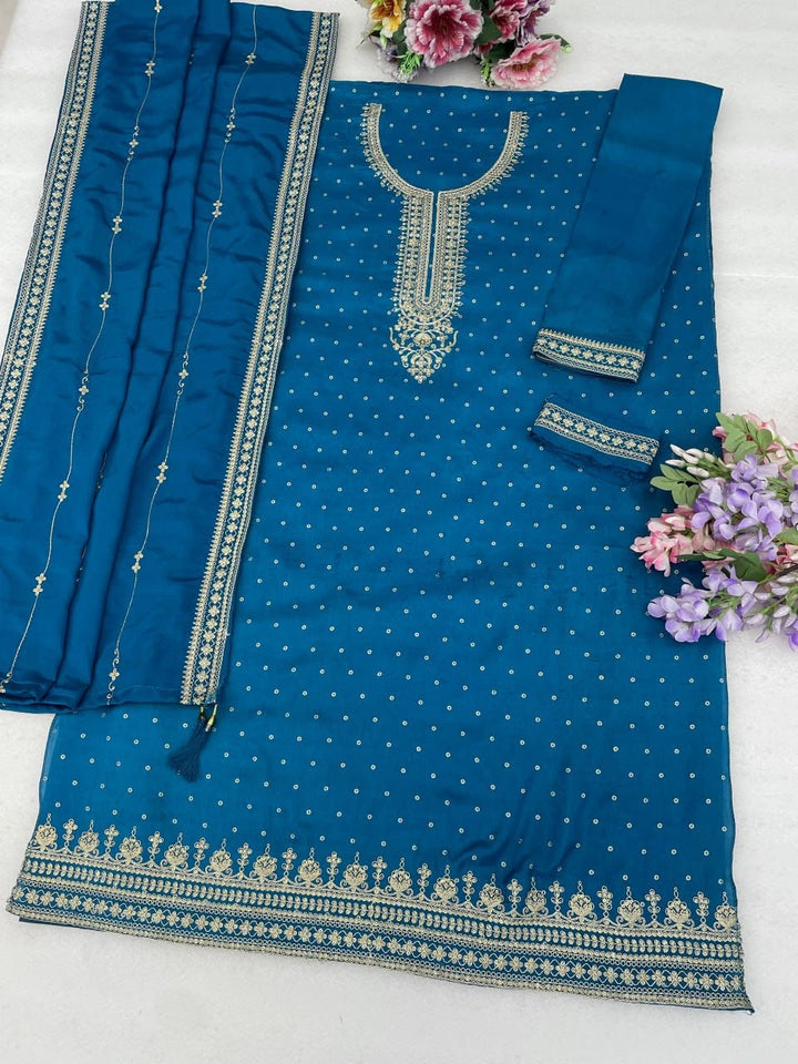 Heavy Pure Viscose Dola Silk with Embroidery Work - 3-piece suit